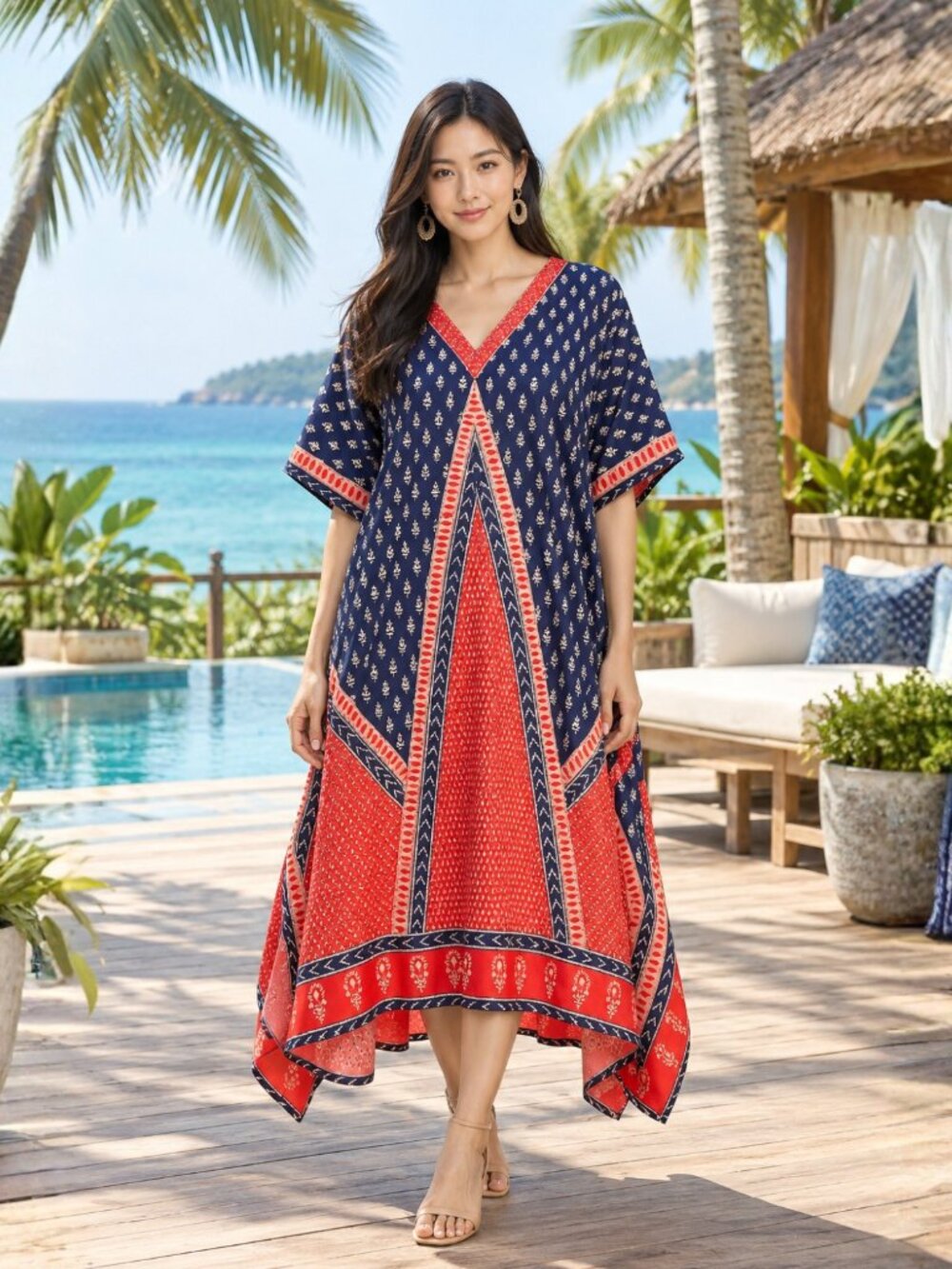 Women Plus Size Fit and Flare Red Polyester Kaftan Dress Stylish Loungewear Maxi